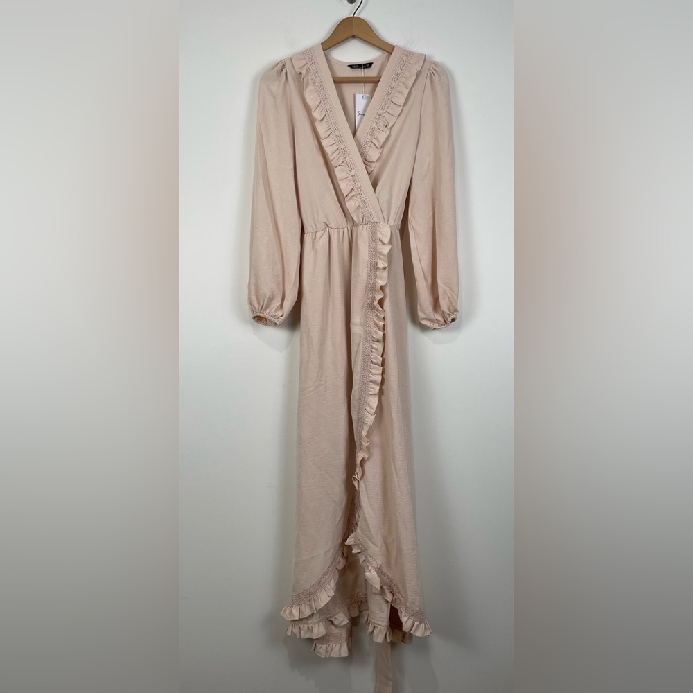 NWT Simplee Dress Small Maxi Wrap Cream Ruffle Long Sleeve Lace Trimmed Romantic